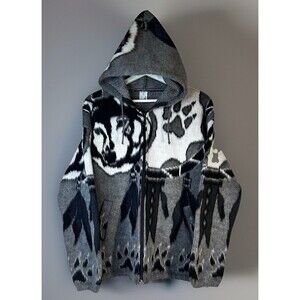 Artesanias Tuntaquimba Wool White Wolf Spirit Jacket  2 Sided print Hood Mens M